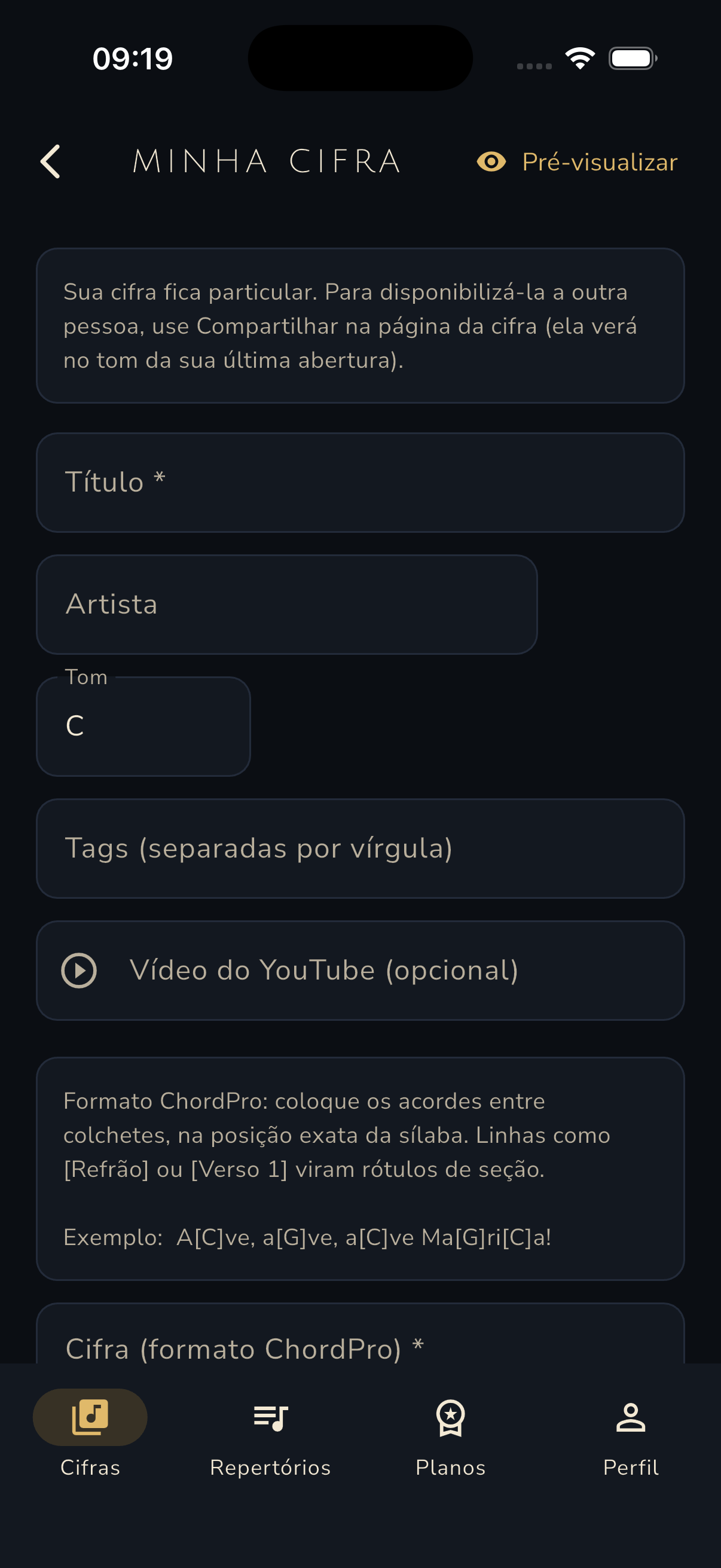 ChordPro editor with title, artist, key, tags and live preview