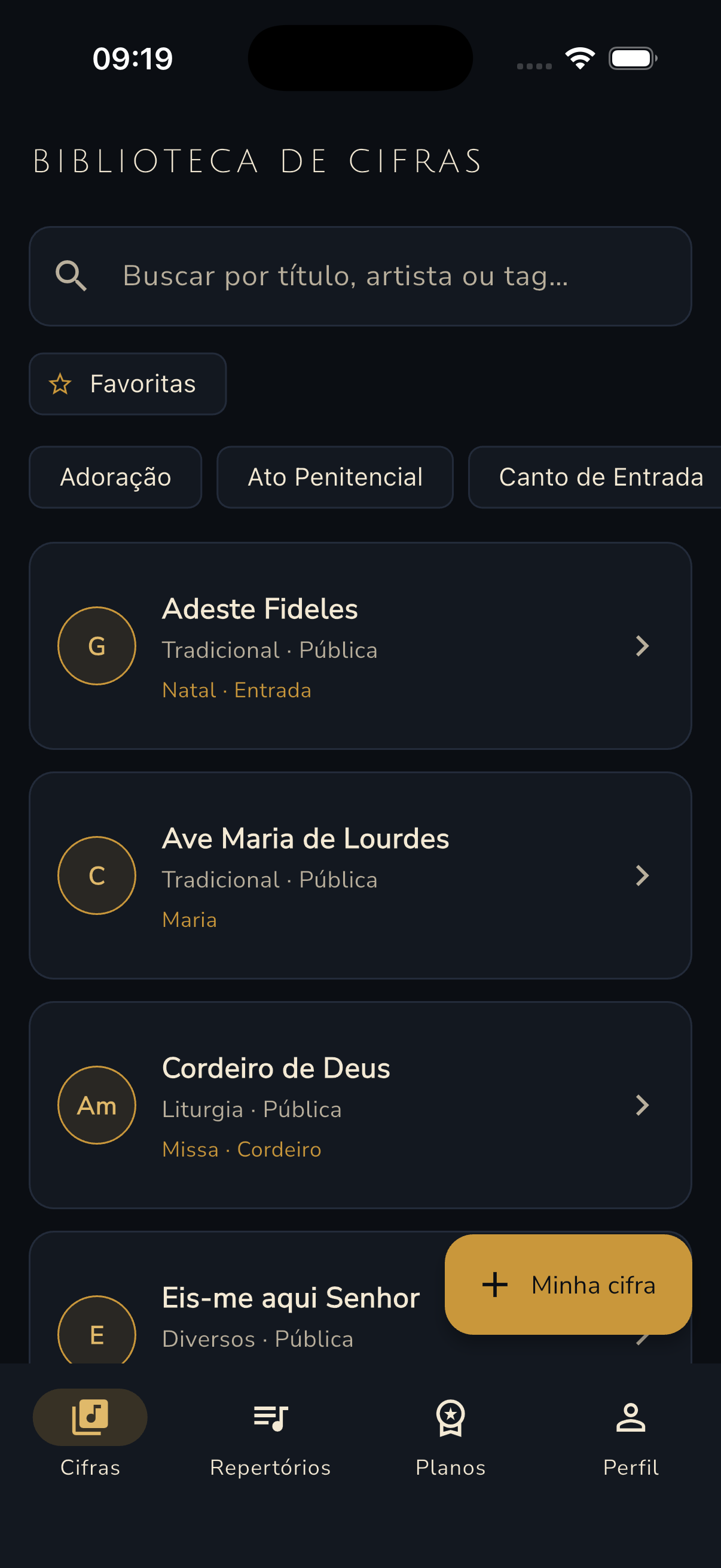 Chord library with search, liturgical-moment chips and keys in gold circles