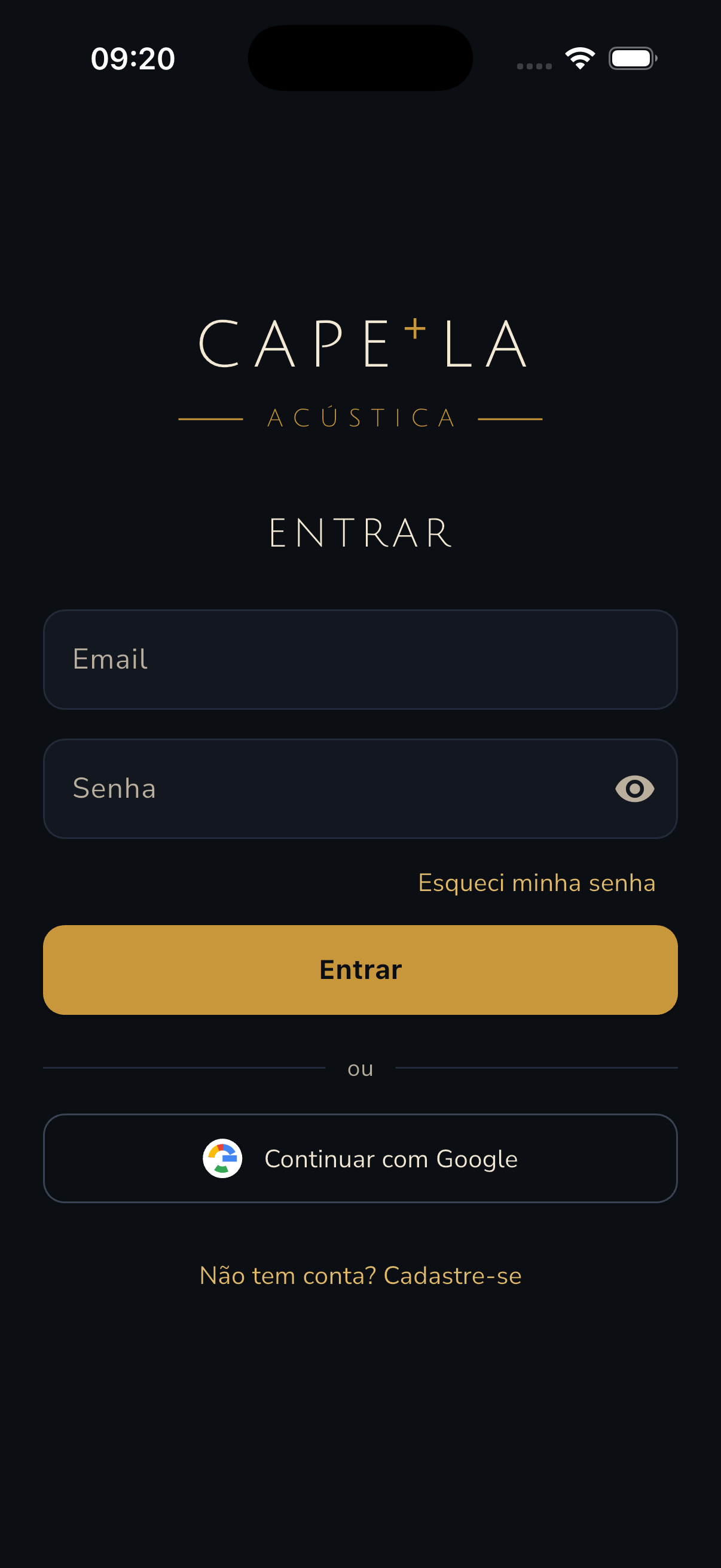 Tela de login com e-mail e senha ou conta Google