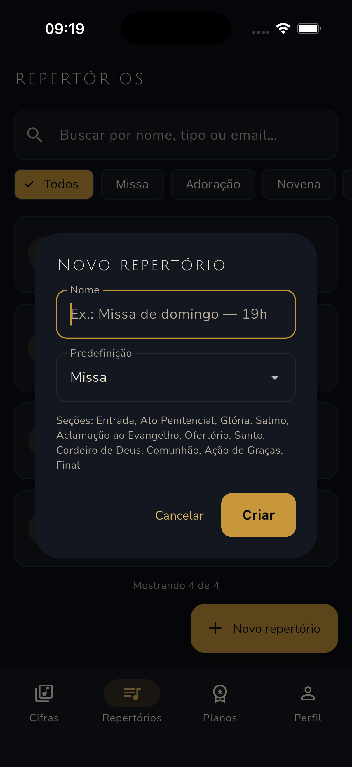 Diálogo de novo repertório com predefinições de Missa, Adoração e Novena