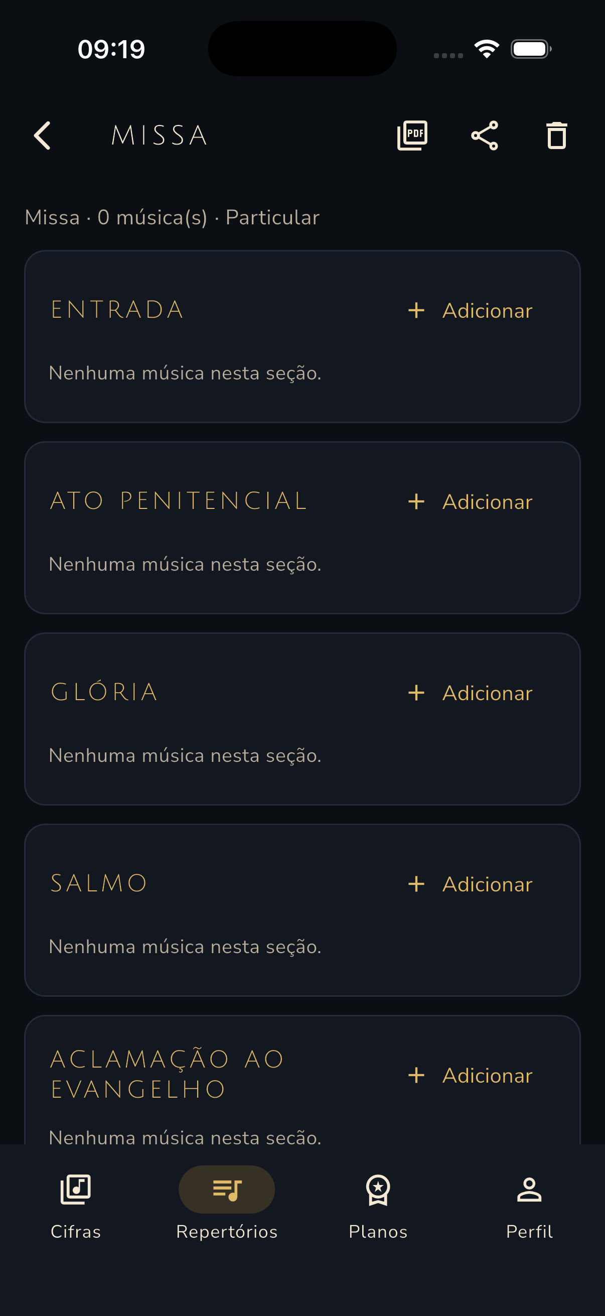 Lista de repertórios com busca e etiquetas de tipo de celebração